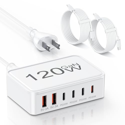 USB C Charger Block,120W GaN 6 Port Type C Fast Charging Station Hub,5FT Cord USB C Wall Charger Adapter Plug for iPad, iPhone 17, 16, 15, 14, 13, 12 Pro Max, Pixel, Galaxy and More