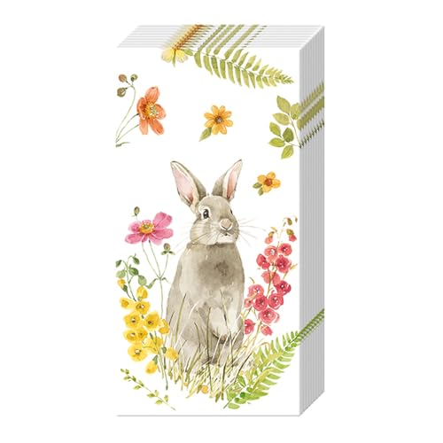 IHR Papiertaschentücher Hoppelhase im Frühling 10 Stk FSC Zertifiziert Made in Germany 21x21 cm Papier Ostern Einseitig Bedruckt Rückseite Weiß Ideal für Serviettentechnik und Decoupage