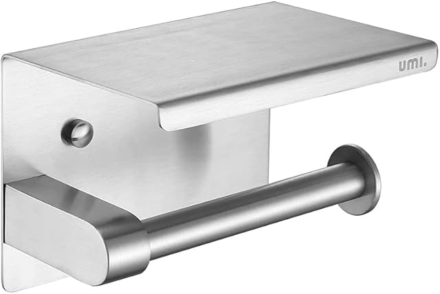 Umi. by Amazon - Toilet Paper Roll Holder with Shelf Stainless Steel Brushed Surface Wall Mounted Drilling Non Slip Design for Bathroom Washroom Silver