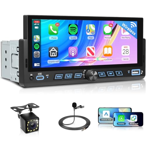 VECHTEL Autoradio 6,86 pouces 1 Din avec Carplay Android Auto sans fil, radio Bluetooth FM avec écran tactile IPS, Mirror Ink,égaliseur,WiFi Navi...