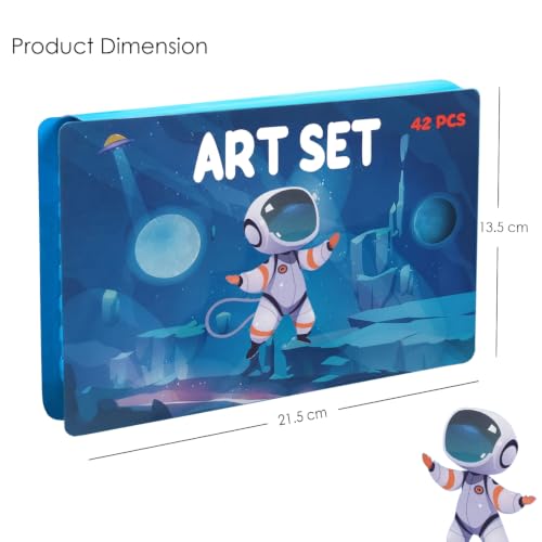 Image of KARP Children Deluxe Art Drawing Set for Kids| Drawing & Coloring Set with Crayons, Oil Pastels, Colour Pencils, Watercolors, Sketch Pens, Brushes & Carry Case (42 Pcs Astronaut Print Art Set)
