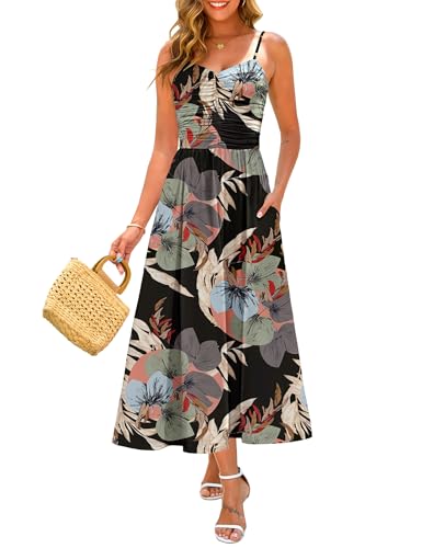 Image of Annebouti Women 2026 Summer Spring Ruched Maxi Dress Adjustable Spaghetti Strap Floral Beach Long Sundress with Pockets