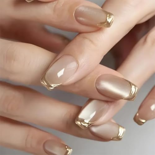 Image of Gold French Tip Press On Nails Square Shape | Nude Glossy Fake Nails with Metallic Chrome Edge Design | Short Medium Stick On Nails Reusable Full Cover Artificial Nails for Women | Reusable Nail Extension For Women With Glue Tab | Long Lasting Glossy Finish Artificial Nails | Easy to Apply Fake Nails for Salon Look at Home | Stick-On Manicure Kit For Parties, Weddings And Gifts | Trendy Nail Art Set for All Occasions (Peach-GoldCatEye)