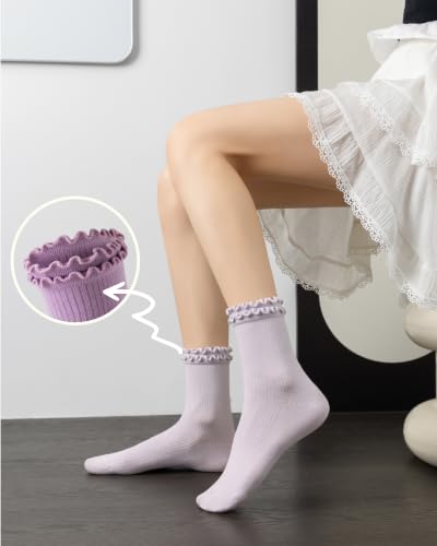 Image of DQCUTE Women's Ruffled Ankle Boot Socks - Soft Knit Cotton Lettuce Trim Crew Socks for Teen Women 6 Pairs