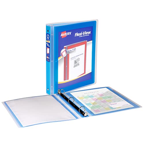 Image of Avery Flexi-View 3 Ring Binder, 1 inch Round Rings, 1 Blue Binder | For Everyday School, Home and Office Use, Clear View Cover Overlays, Interior Pocket and Business Card Holder, Nonstick