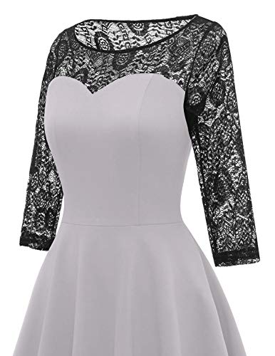 50s Vintage Dresses for Women Cocktail Rockabilly Lace Scoop Long Sleeves Party Prom Dress Grey S-1