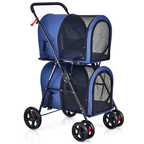 COSTWAY 2 Etagen Hundewagen Haustiere Buggy bis 16kg, Hundebuggy mit Netzfenstern & Getränkehalter & Anhänger, Katzenbuggy für 2 kleine Hunde Katzen (Blau)