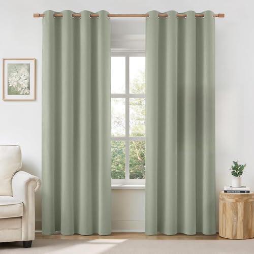HOMEIDEAS 100% Sage Green Linen Blackout Curtains for Bedroom, 52 x 84 Inch Length 2 Panels Faux Linen Thermal Insulated Black Out Grommet Window Drapes for Living Room