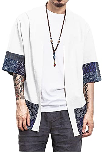 Perdontoo Men's Casual Cotton Kimono Lightweight Open Front Cardigan (Large, White) #TOP5