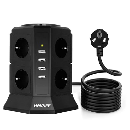 HOVNEE Tour Multiprise à 8 prises pour barrette d'alimentation (2500 W / 10 A) avec 4 ports de charge USB (5 V / 4,5 A), protection contre les surtensions , noir