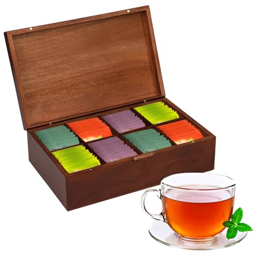 Bamboo Tea Bag Organiser - Wooden Tea Storage Box with Compartments for Kitchen or Office Countertop (31x19.5x9.5CM)