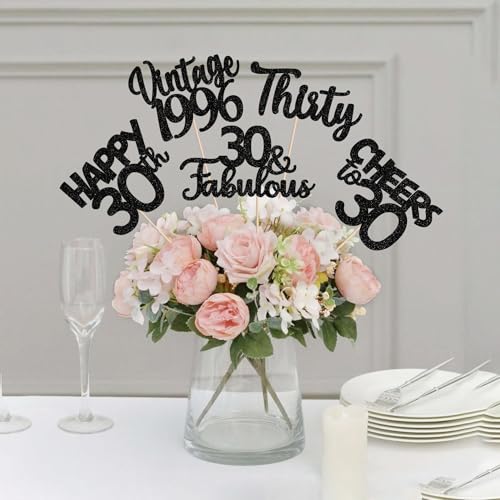 Image of 15 PCS Black 30th Birthday Centerpiece Sticks Thirty Happy 30th Vintage 1996 Table Flower Centerpieces Sticks Cheers to 30 Fabulous Floral Decorations for 30th Birthday Party Supplies