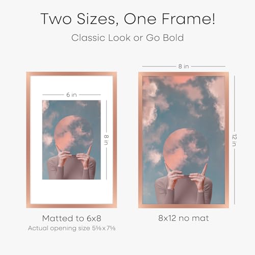 Image of Homeforia 8x12 Rose Picture Frame, High-End Metal, 6x8 Mat, Glass | High End Aluminum, Tempered Glass, Acid-Free 6x8 Removable Mat, 8x12 in Edge-to-Edge Display 12x8, Wall Kit, Set Of 1