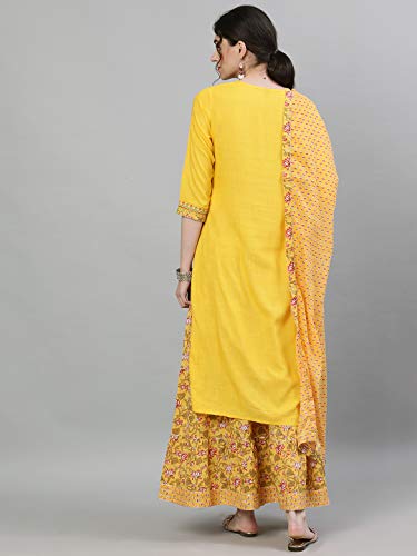 Image of ishin Women's Rayon Yellow Embroidered Straight Kurta set With Skirt and Dupatta