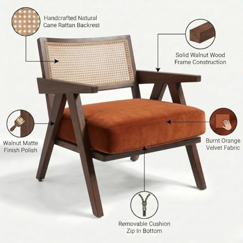 Image of Kingsman Furnitures ABEL Rattan Teak Wood Accent Arm Chair for Home Bedroom, Living, Dining, Drawing Room | Ultra Soft and Comfortable for Stress Free | Removable Cushion (Walnut Burnt Orange)