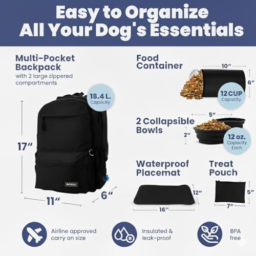 Image of Dog Travel Bag for Supplies - Complete Dog Diaper Bag Backpack with 2 BPA-Free Travel Bowls, Treat Pouch, Food Container, Placemat & Laptop Sleeve - for Traveling, Road Trips, Hiking: Black