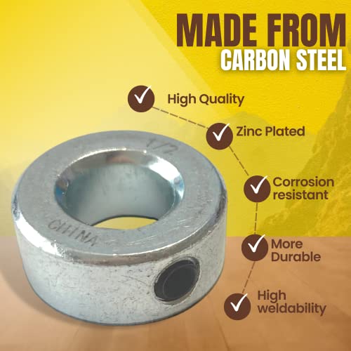 (4-Pack) 1/2” Bore Solid Steel Shaft Collars with Zinc Plated Coating - Durable Shaft Collars Suitable for Machinery and Industrial Use