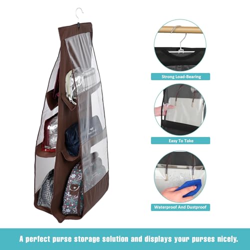 Image of Heart Home Hanging Organizer | Handbag Organizer | Hanging Purse for Wardrobe | Transparent Clutch Organizer | Handbag Storage For Closet | 6 Pocket Storage Hanger | Brown
