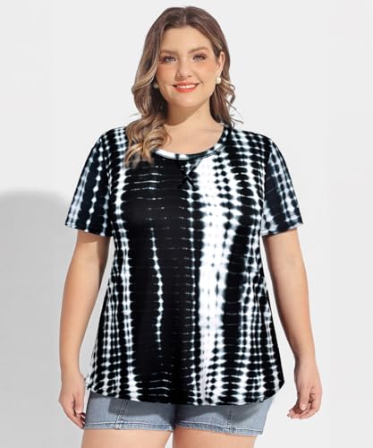 Image of CARCOS Plus Size Tops for Women Short Sleeve Shirt Summer Star /Leopard /Tie Dye /Flower Crewneck Pullover Tunic XL-5XL