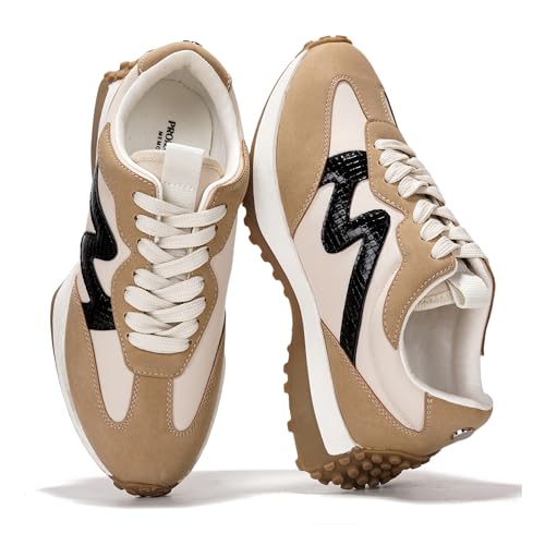 Project Cloud Trendy Sneakers for Women - Memory Foam and Non-Slip Comfortable Casual Ladies Shoes for Womens Fashion Sneakers - Lightweight Lace-up Shoes (Lecco,TAN,6.5)