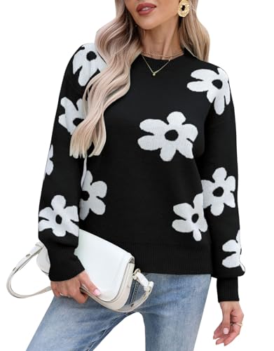 Alsol Lamesa Women's Floral Sweaters Mock Neck Long Sleeve Loose Knit Pullover Sweater Tops
