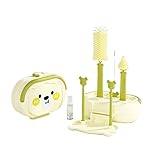 Yellowant シリコンボトルブラシ 携帯用 哺乳瓶クリーナー 7点セット 洗浄ブラシ ストロー用ブラシ 収納ケース付き ベビー用品 旅行用 乾燥スタンド付き 日本安全基準対応 (グリーンポータブル7点セット【かわいいクマ】) [並行輸入品]