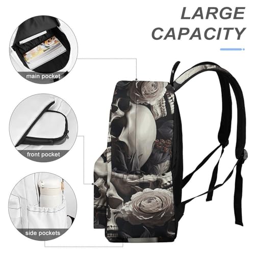 Black And White Flowers And Skull Printed Backpack Water-Resistant Pack Stylish Bag Lightweight Travel Backpack4