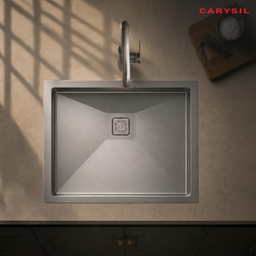 Image of Carysil Micro Radius R10 Handmade 304 Stainless Steel Sink 24x18x8 Inches, 10mm Corner Radius, Single Bowl, Deep Bowl, Sloping Drain, SS Coupling, Special Padding & Anti-Condensation Undercoating