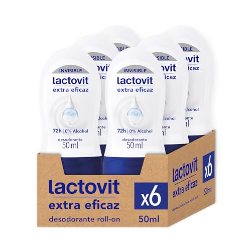 Lactovit - Desodorante Extra Eficaz Invisible Men Anti- Manchas, 0% Alcohol, Anti-irritaciones Y 48h De Eficacia, Desodorante Roll On con Protein Calcium - Pack 6 x 50 Mililitros