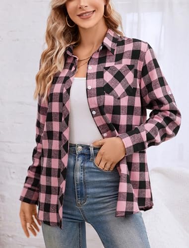 Image of SANGTREE Women and Girls Long Sleeve Flannel Casual Button Down Plaid Shirt