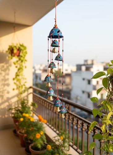 Image of Bindian Rajasthani Handcrafted 8-Bell Hanging Windchimes | Traditional Plastic Latkan for Home Decor, Vastu & Positive Energy | Elegant Wall Hanging for Balcony, Living Room (Blue-1)
