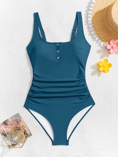 Image of B2prity One Piece Swimsuit for Women Tummy Control Ruched Slimming Bathing Suit Button Full Coverage Swimwear