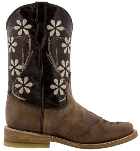 Girls Dark Brown Floral Embroidered Cowgirl Boots Square Toe3