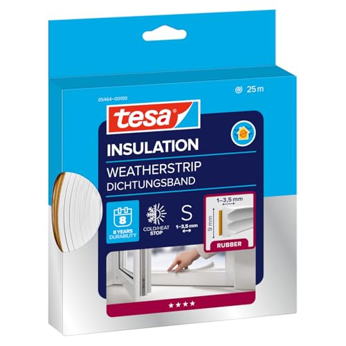 tesa INSULATION Dichtungsband S -Selbstklebende Gummidichtung zum Isolieren von Spalten an Fenstern und Türen - Weiß - 25 m x 9 mm x 4 mm
