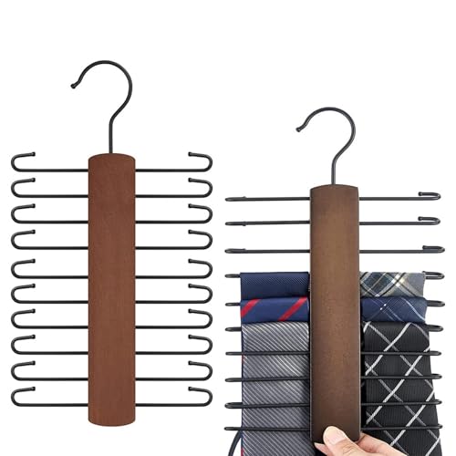 Dwitkul 2 Stück Krawattemhalter 360 Grad Drehbar Gürtelhalter Krawattenbügel aus Holz Gürtelaufhänger mit 20 Stangen Krawatten Aufbewahrung für Kleiderschrank Krawatten Gürtel Schals