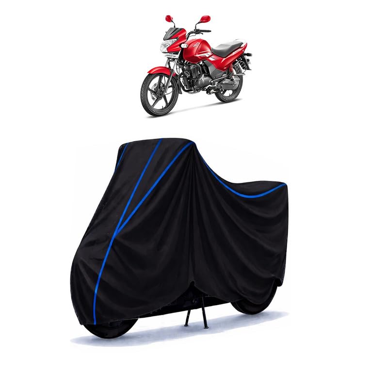 Image of Hero Achiever Alloy Bike Cover Water Resistant Universal Motorcycle Rain | Heavy Duty UV Protection, Dust, Scratch Indoor Outdoor All Weather with Black Blue Piping Elastic
