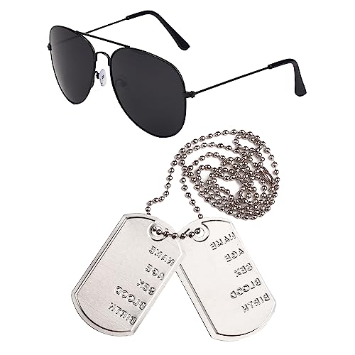 NAUZE 2 Pcs Pilot Fancy Dress Set Sunglasses and Dog Tag Necklace Halloween Aviator Costume Accessory, Black