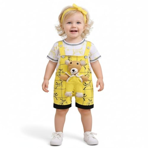 Image of A.T.U.N. (ALL THINGS UBER NICE) Baby Girls Cotton Denim Dungaree Set with 3D Teddy Bear Design |Printed T-Shirt with Adjustable Straps | Stylish & Comfortable Daily Outfit for Baby Unisex