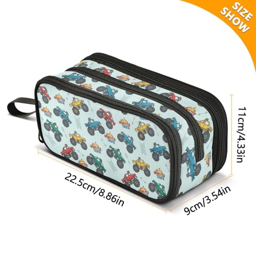 Image of Wfrish Cartoon Monster Trucks Blue Large Capacity Pencil Case, 3 Compartments Pen Pouch Organizer for School College Office, Zippers Big Pencil Bag for Teens Adults Girls Boys Makeup