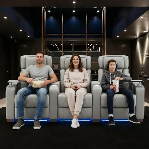 Image of Luxury Home Theater Seating - Power Recliner with Adjustable Headrests, Blue LED Ambient Lighting, Tray Table, USB & Type-C Charging (Grey, 3 Seat)