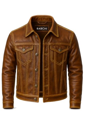 Men’s Distressed Brown Lambskin Leather Trucker Jacket - Men Genuine Vintage Motorcycle Biker Style Western Jackets