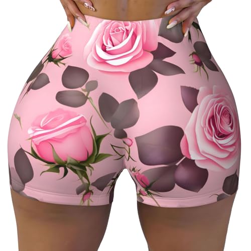 Pretty Pink Roses Pattern Sports Shorts, high Elastic Slim Fitness Pants, Suitable for Yoga/Leisure/Daily wear