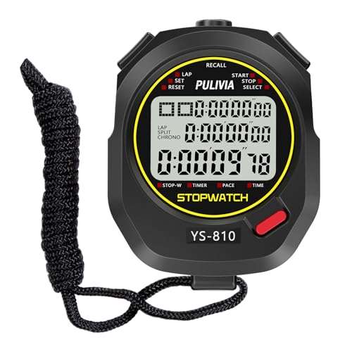PULIVIA Sports Stopwatch Timer 10 Lap Split Memory Digital Stop Watch, Countdown Timer Pace Mode 12/24 Hour Clock Calendar with Alarm, 3 Rows Display Large Screen Water Resistant Battery Included