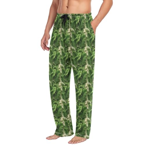Aflyko Floral Men's Pajama Pants Palm Leaves Green White Pjs Sleepwear Bottoms2