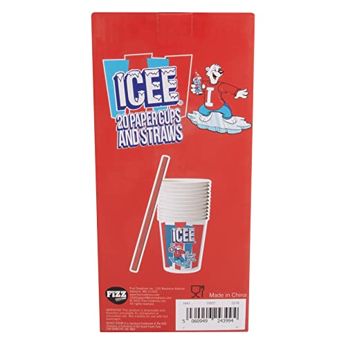 ICEE Officially Licensed 20-Pack Paper Slushie Cups & Straws – 9oz Disposable Frozen Drink Cups with Red Cardboard Straws for Parties, Home, and ICEE Machines.