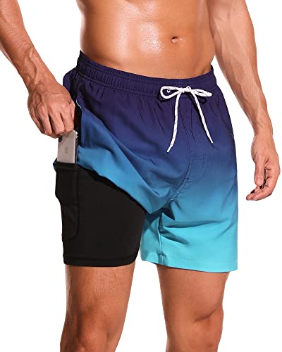 SILKWORLD Mens Swimming Trunks with Compression Liner Quick Dry 5 inch Swim Shorts with Zipper Pockets