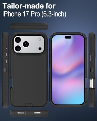 Image of for iPhone 17 Pro Case with Port Cover, Rubber Matte, Black | 3-Layer Heavy Duty Armor, 16ft Drop Protection, Non-Slip Shockproof & Anti-Fingerprint