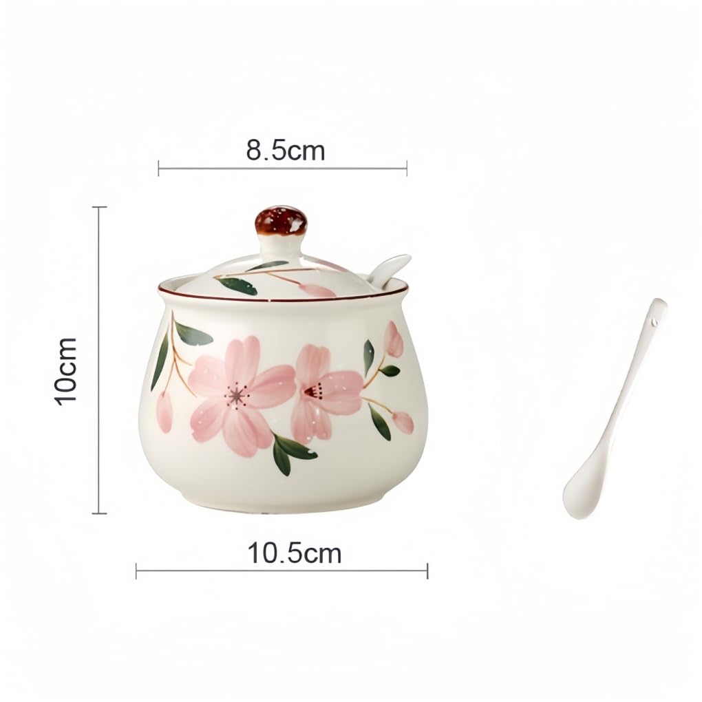 Ceramiczna cukiernica z pokrywką i łyżeczką, odporna na wysokie temperatury, puszka na przyprawy do cukru, soli, miodu, oleju, herbaty, kwiatów wiśni, japońska (4 sztuki)