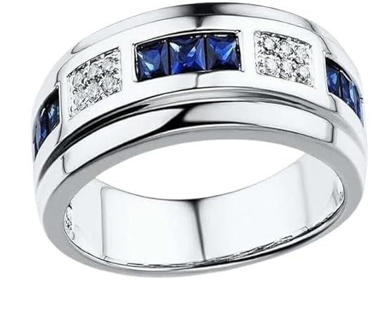 AARK & CO 2.20Ct Princess and Round Cut Blue Sapphire Lab Created Diamond Channel Set Man's Wedding Ring 14K White Gold Finish 925 Sterling Silver Ring