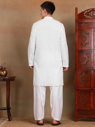 Image of See Designs Men's Full Sleeve Mandarin Collar Chikankari Embroidered Straight Kurta with Salwar